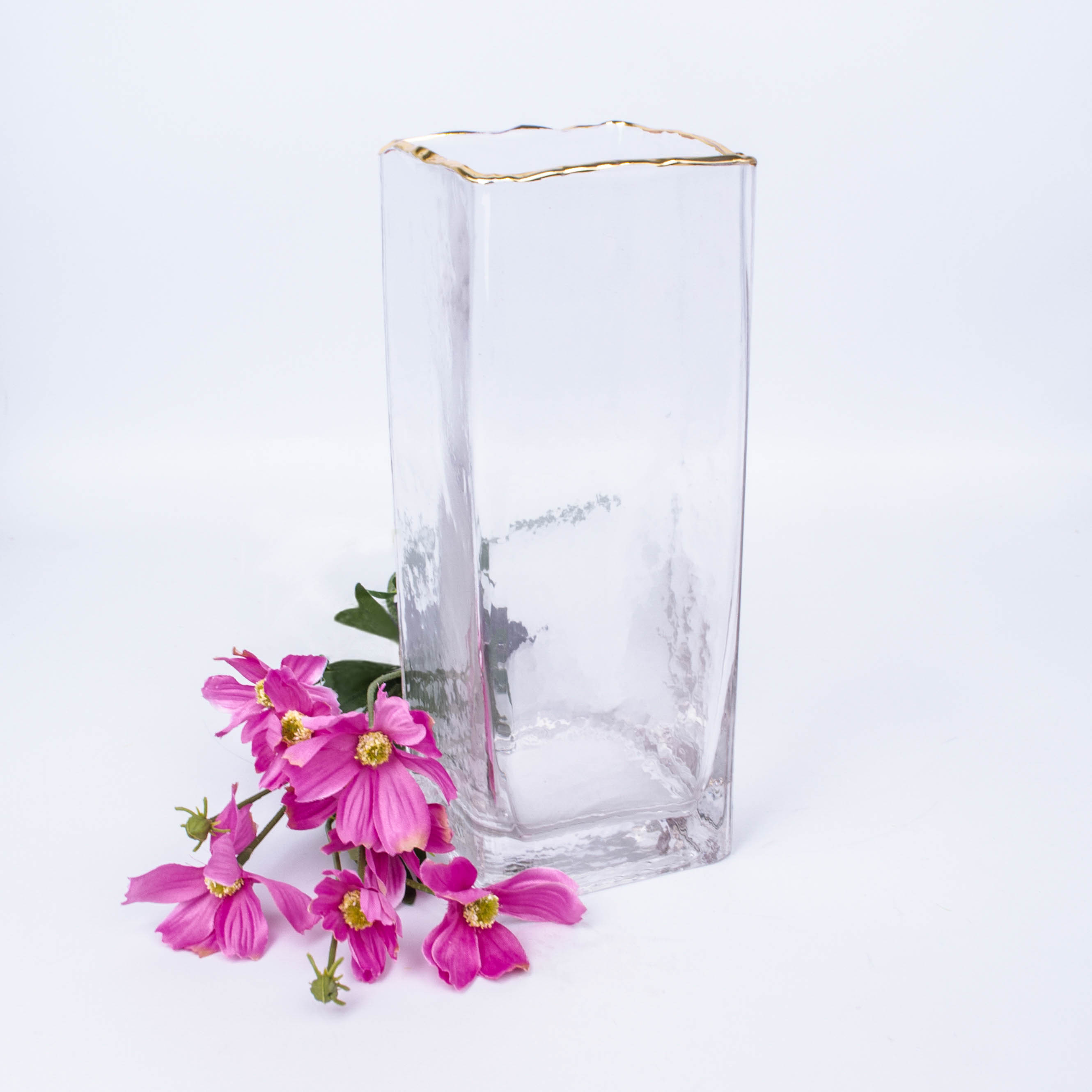 Ваза стекло Призма Прозрачная с Золотым Краем H25.5cmD10cm 10*25
